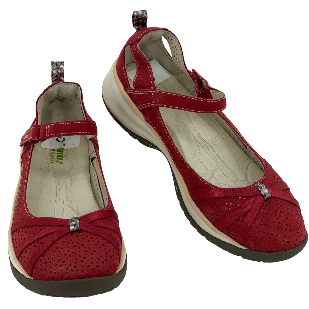 Jambu Rally Mary Jane Flats Womens 8 Red Perforated Leather Comfort Hook Loop